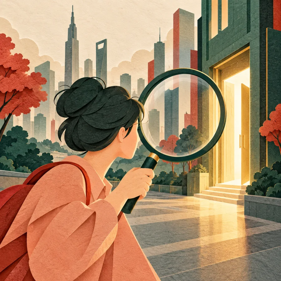 A person with a magnifying glass searches a city street toward a glowing doorway
