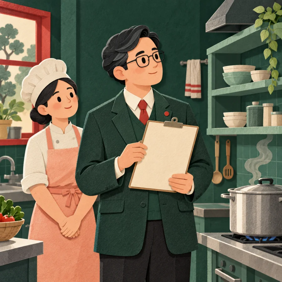 A headteacher with a clipboard inspects a school kitchen