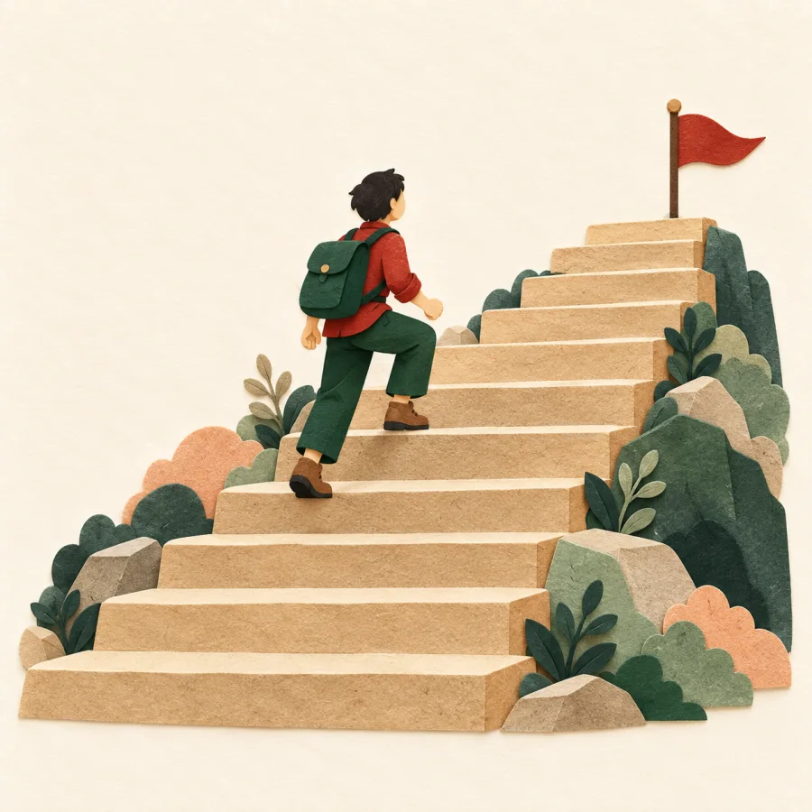 A person climbs wide low stairs, one slightly higher than the last, toward a flag on top