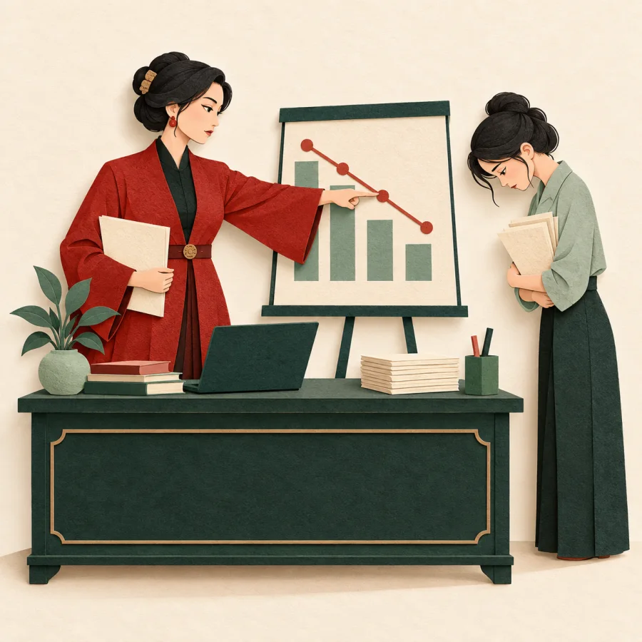 A manager points at a chart while an employee bows her head