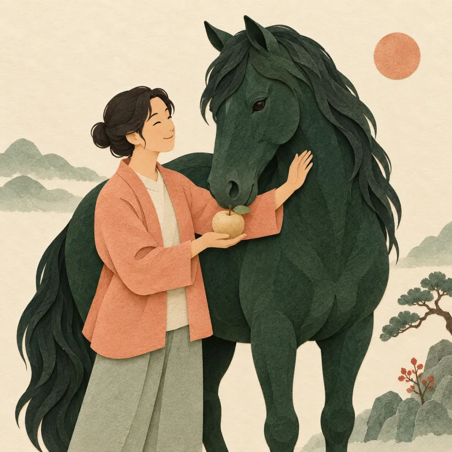 A person gently strokes and calms a large tame horse