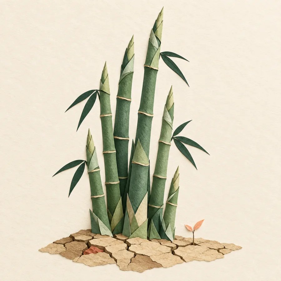 Tall green bamboo shoots surge up past a tiny peach sprout