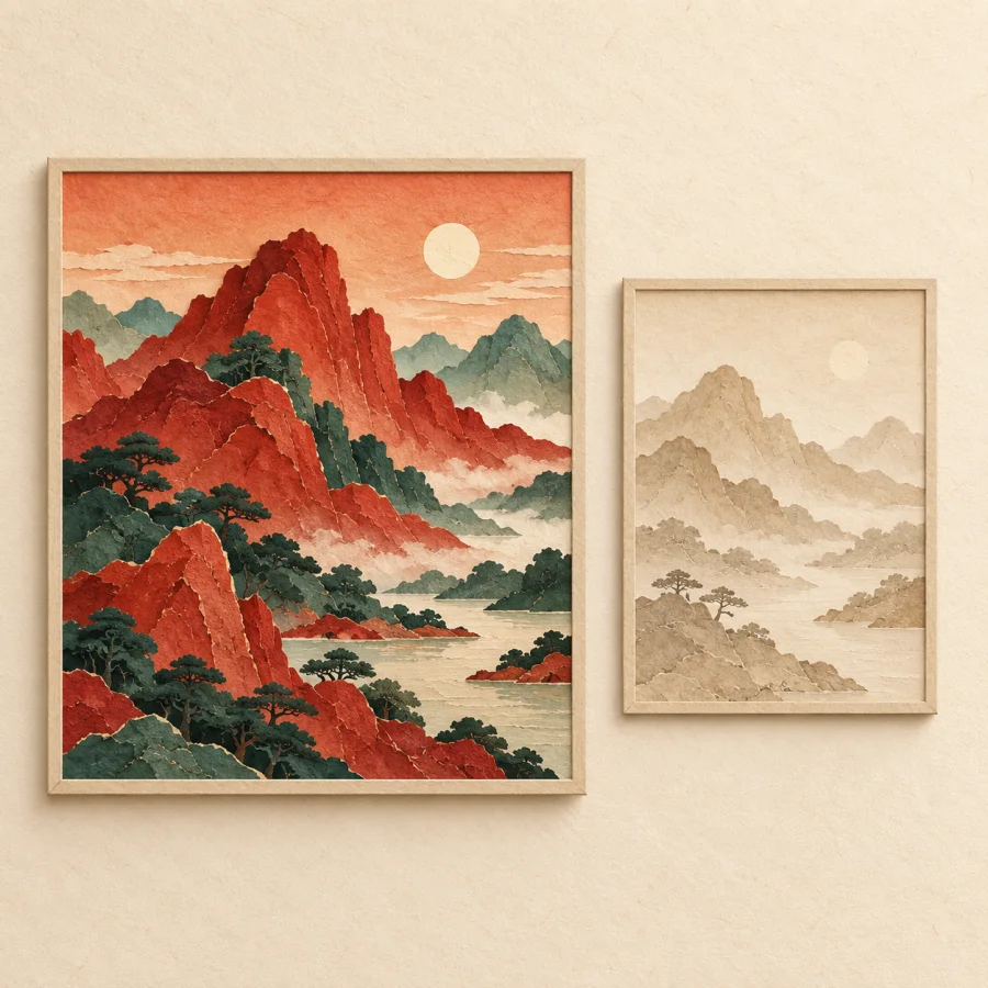 A vivid painting hangs beside a faded one on the wall