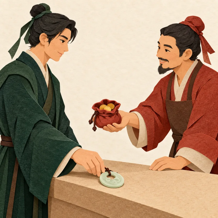 A man hands over a jade pendant and receives coins at a counter