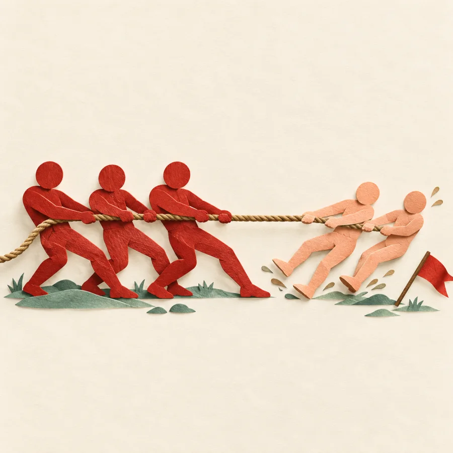 A big red team wins a tug of war as the small team stumbles forward