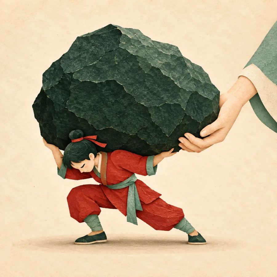 A person stoops heavily under a huge boulder on their shoulders
