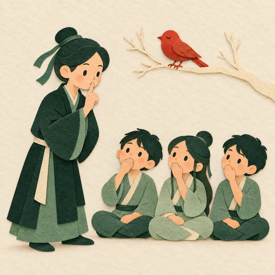 A person gestures for silence before a hushed seated audience