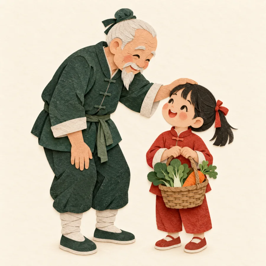 An old villager smiles warmly at a little girl carrying a basket
