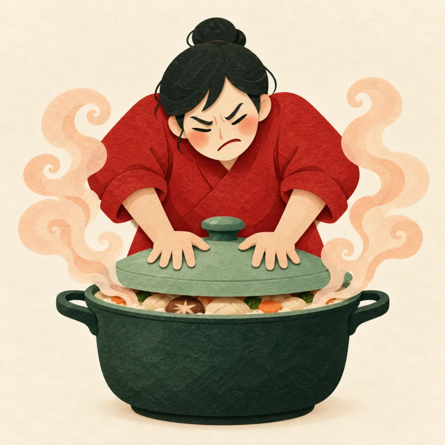 A person holds down the lid of an overfilled steaming pot