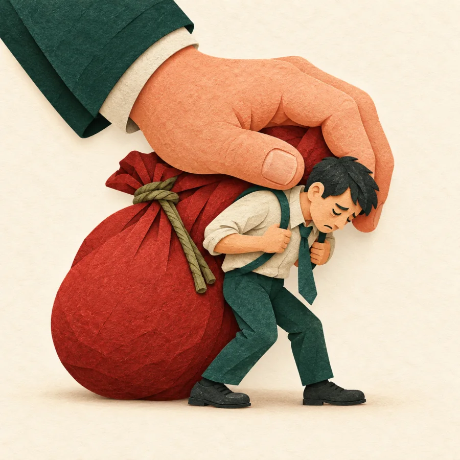 A large hand squeezing a tired worker like a lemon