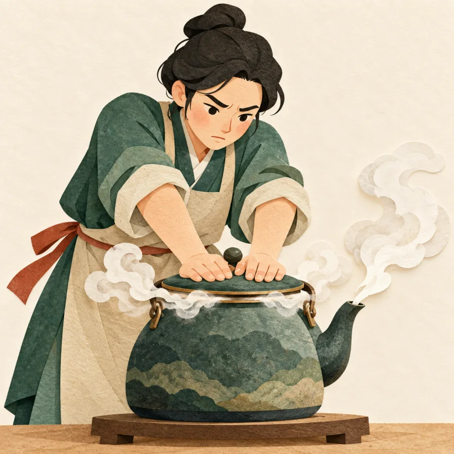A person pressing a lid onto a steaming kettle