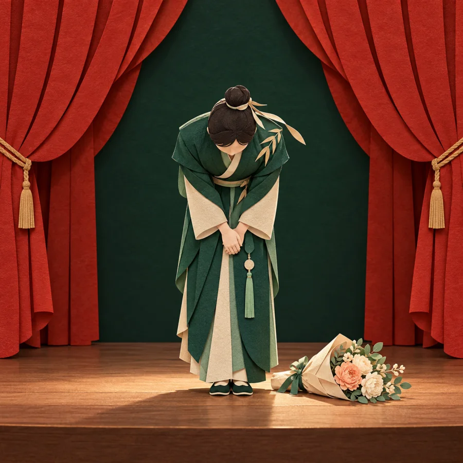 A performer bowing on stage before a red curtain, audience applauding
