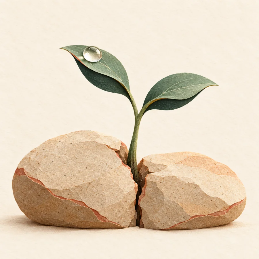 A small green sprout growing through a crack between stones