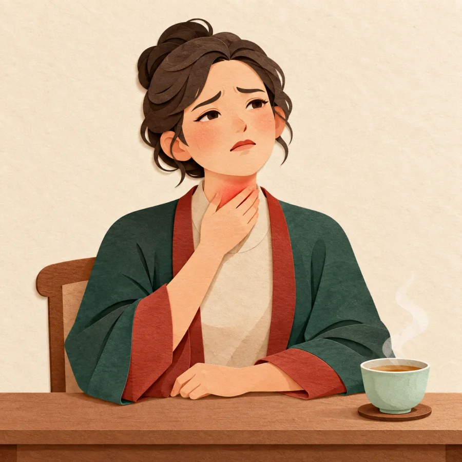 A teacher holding their throat next to a cup of tea