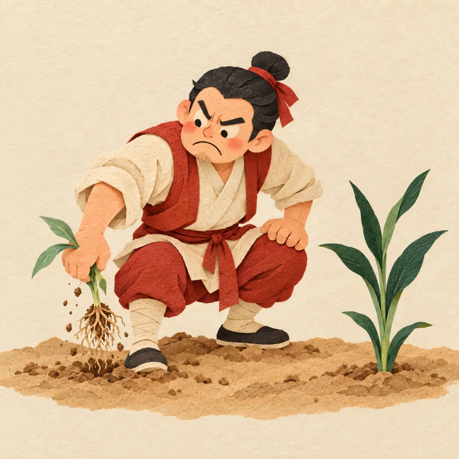 A farmer pulling a small seedling up with exposed roots next to a healthy shoot