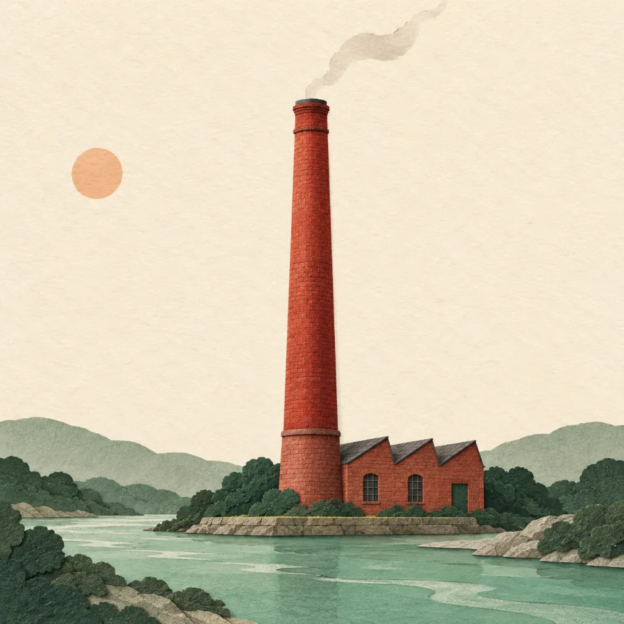 A tall red-brick chimney by a river with a thin wisp of smoke