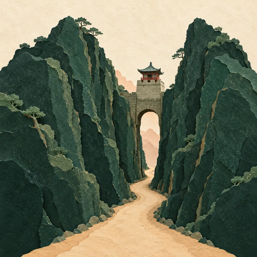 A narrow mountain pass with a single road between cliffs and a watchtower