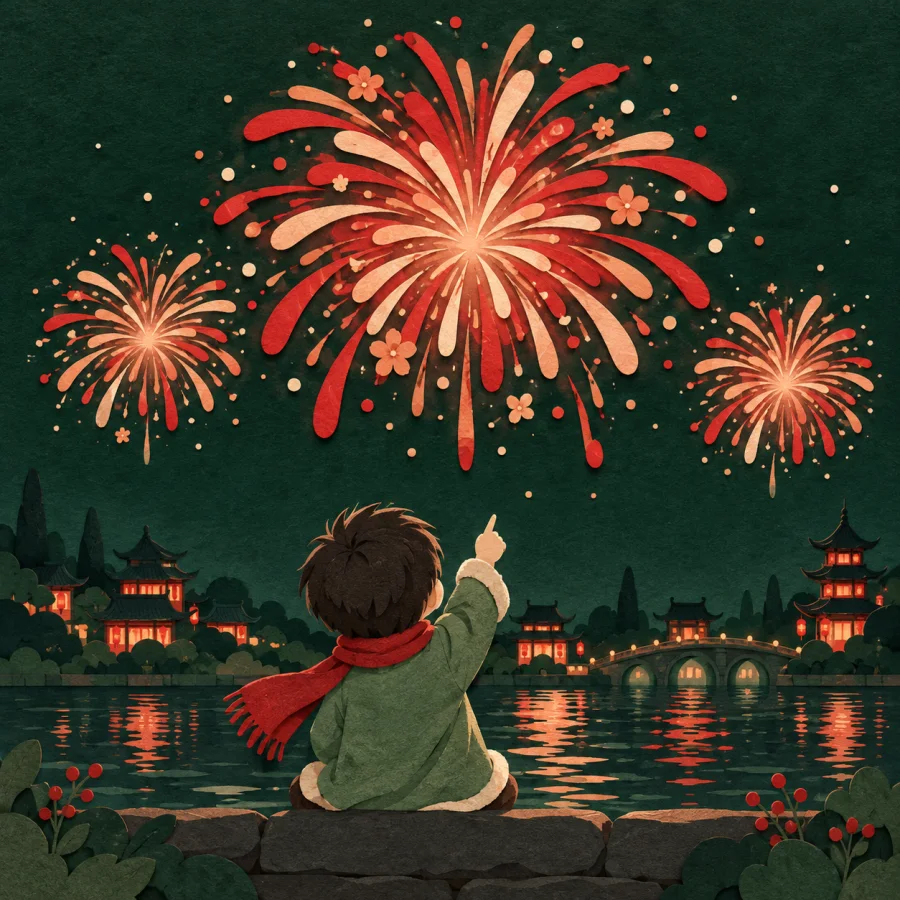 Colorful firework bursts over a dark city skyline with a child pointing up