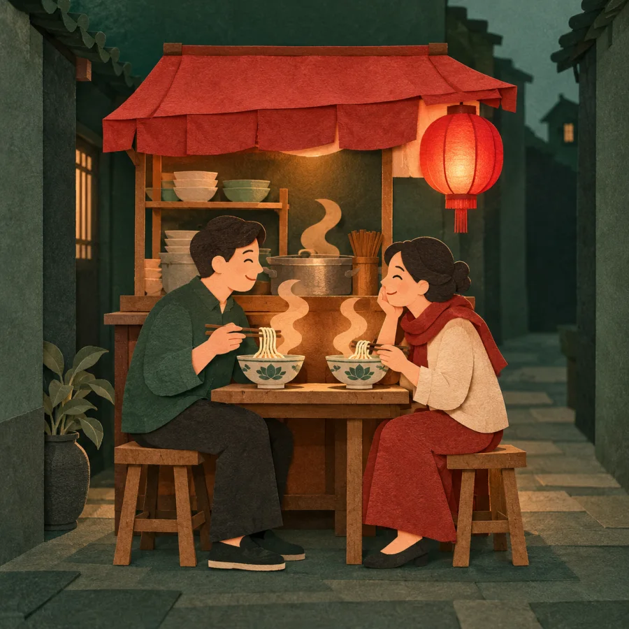 A narrow evening lane with a steaming noodle stall under a red lantern