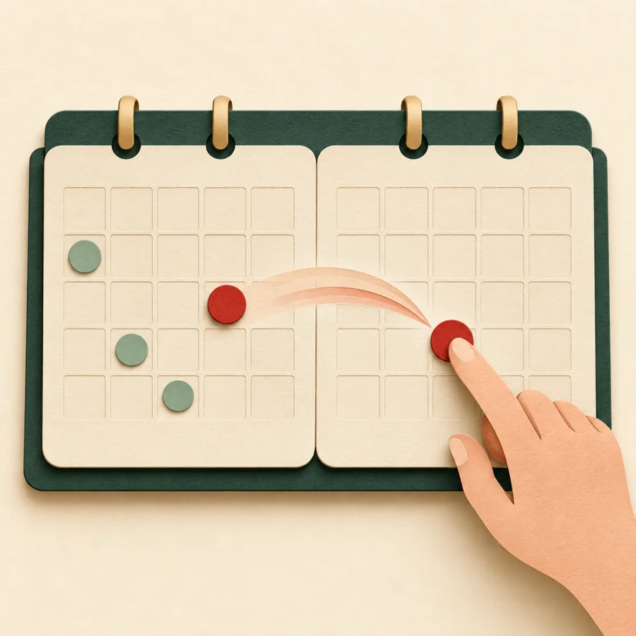 A hand moves a date marker across a wall calendar