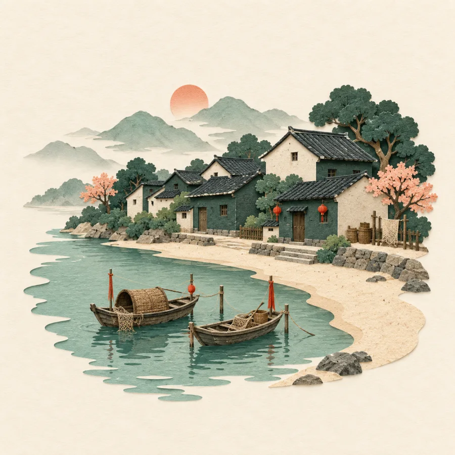 A village with boats along a sandy riverbank