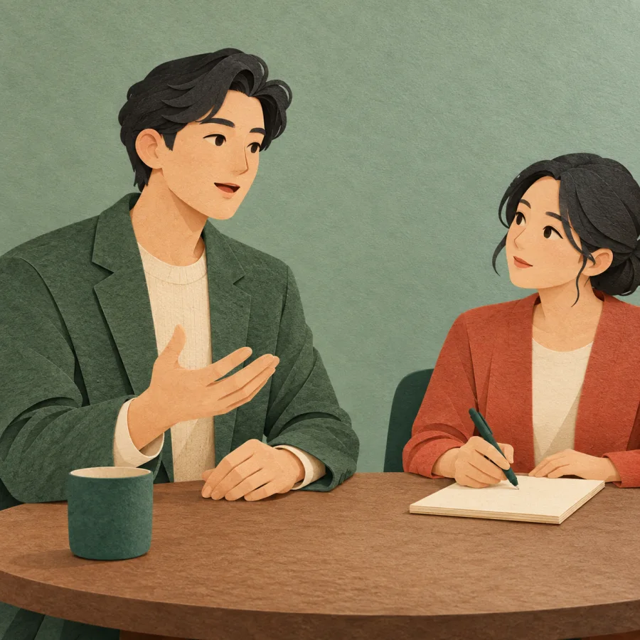 A speaker talks at a table while a listener takes notes
