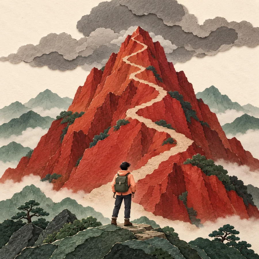 A hiker at the foot of a steep red mountain gazes up at a narrow path