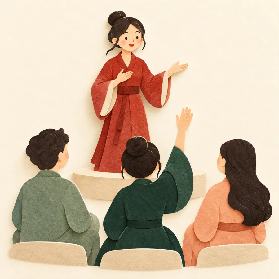 A speaker on a podium addresses listeners, one raising a hand