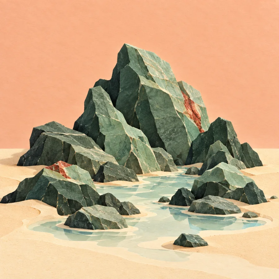 Rock formations on a sandy beach among shallow water