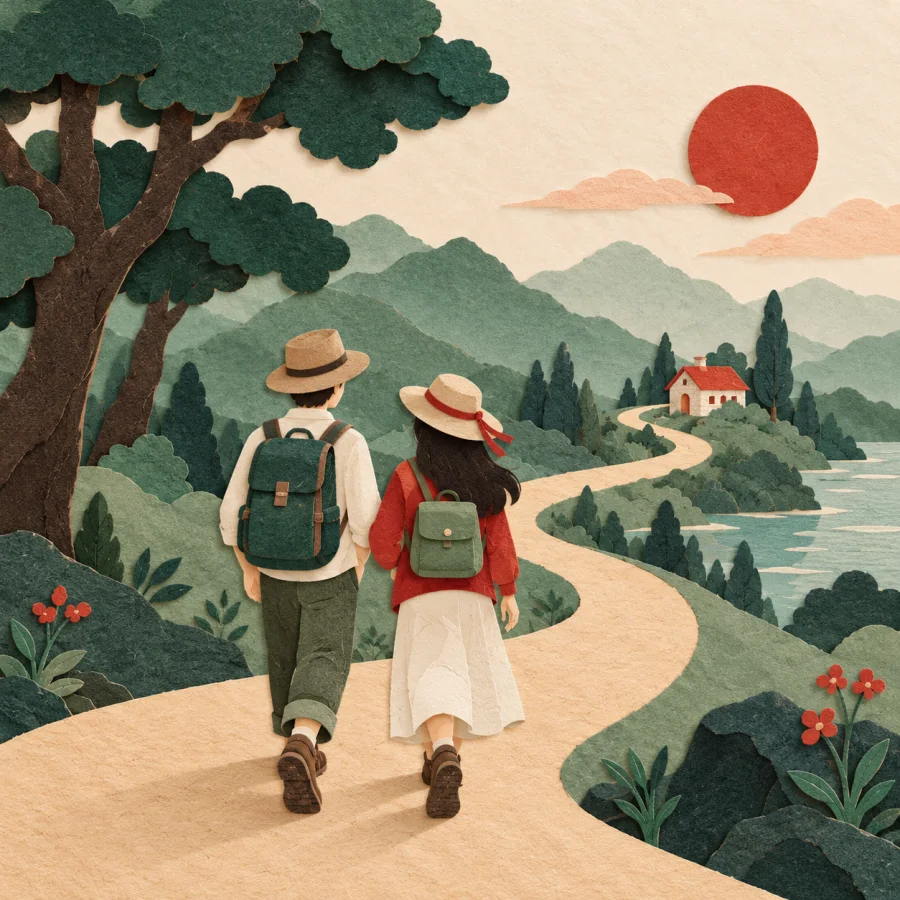 Two travelers walk a winding road past trees and a small cottage