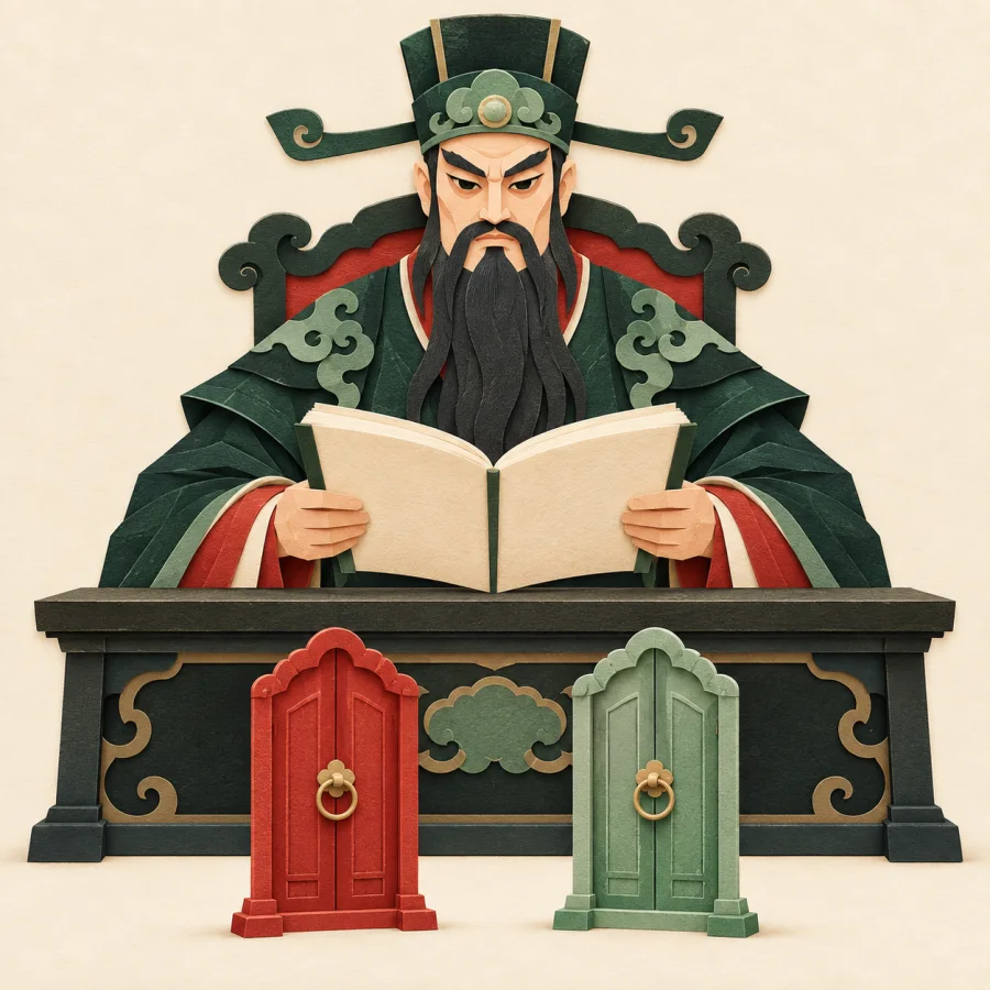 A stern robed mythological judge with a name book between two doors