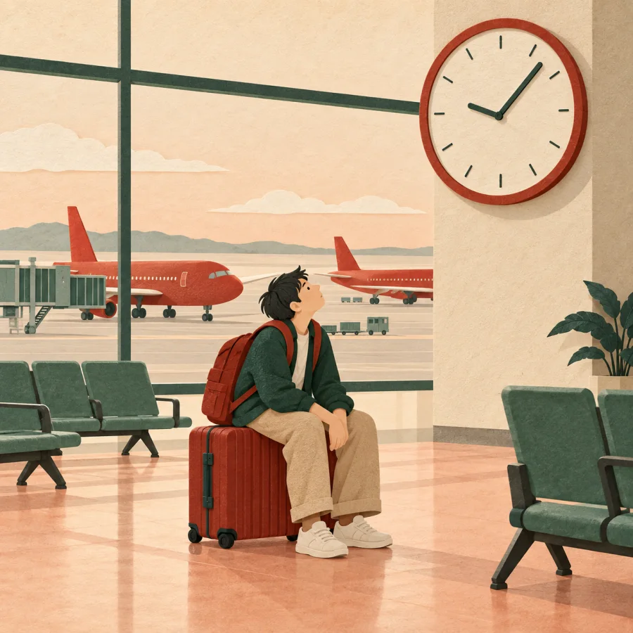 A weary traveler on a suitcase in an airport hall under a big clock
