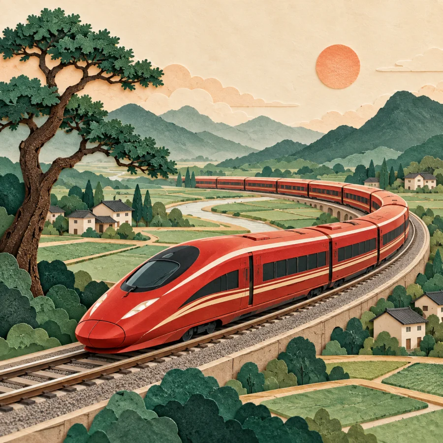 A red train passing villages and green fields along the track