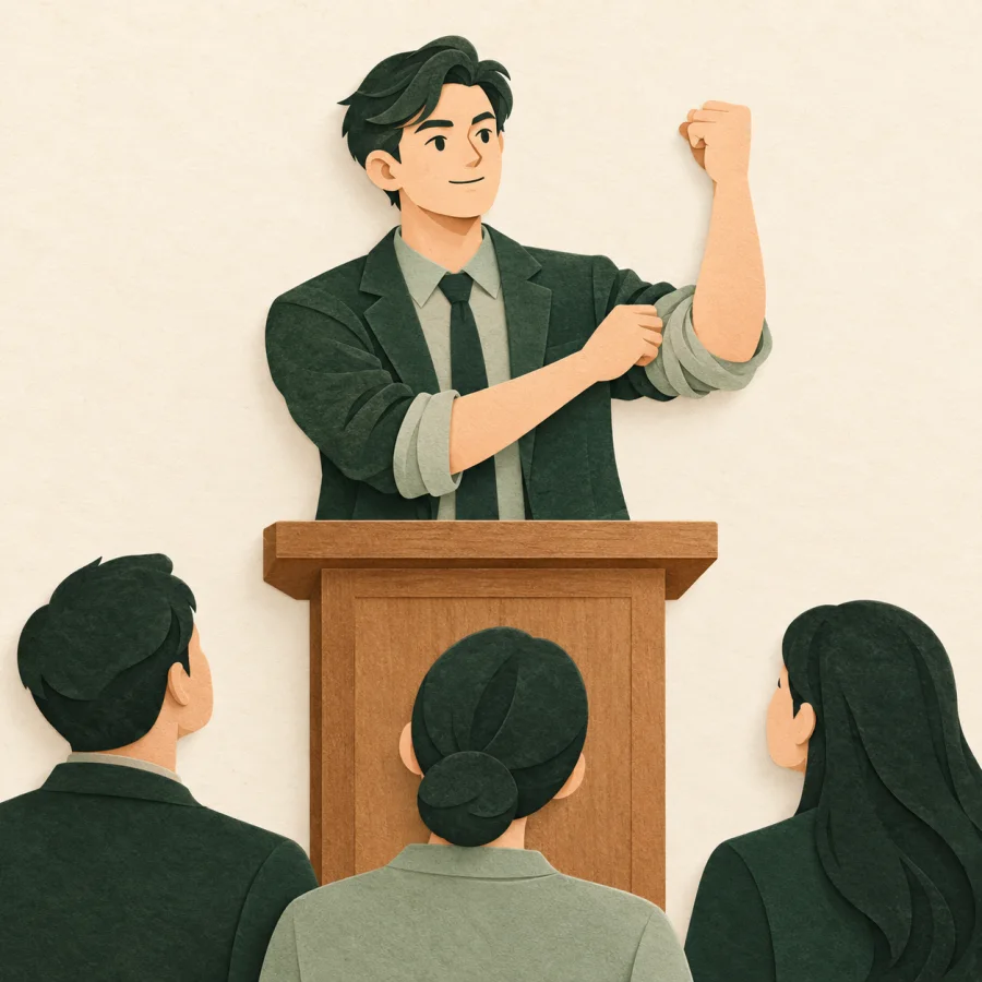 A speaker at a podium rolling up his sleeves as listeners watch