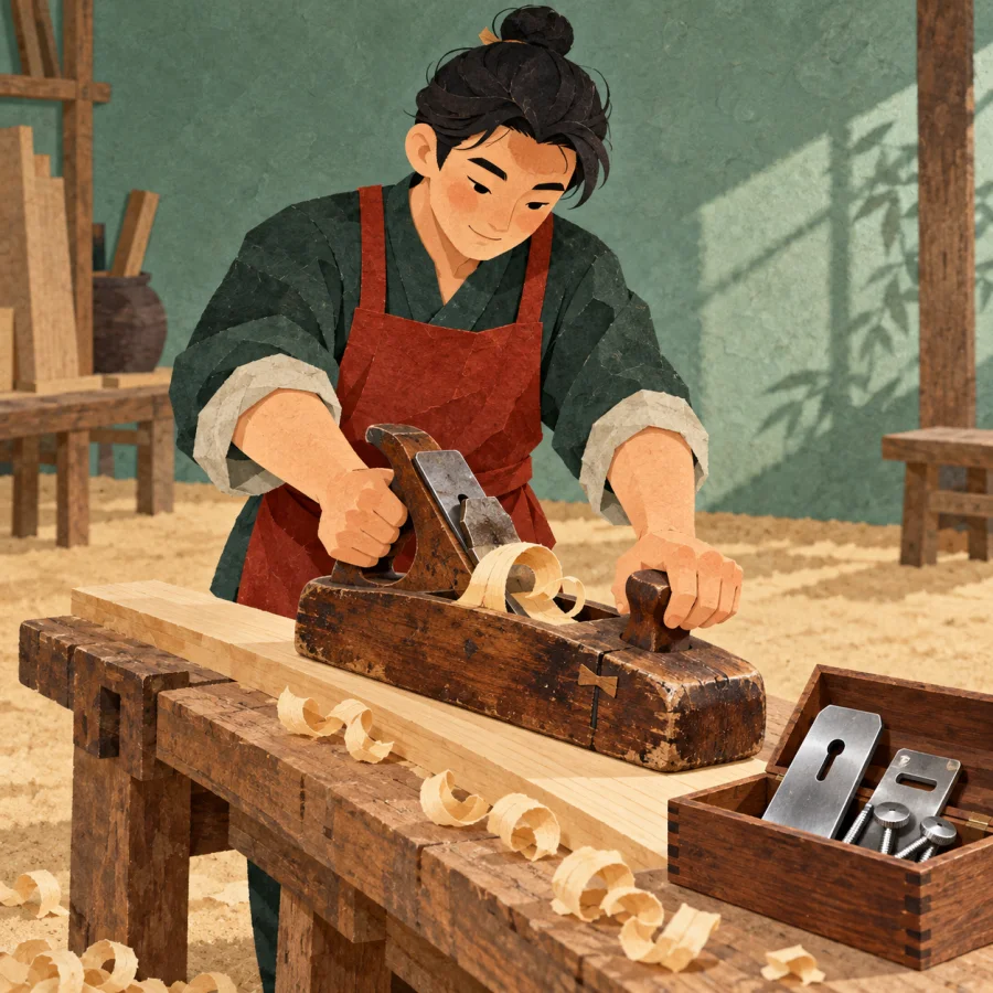 A craftsman in a workshop using a worn wooden tool