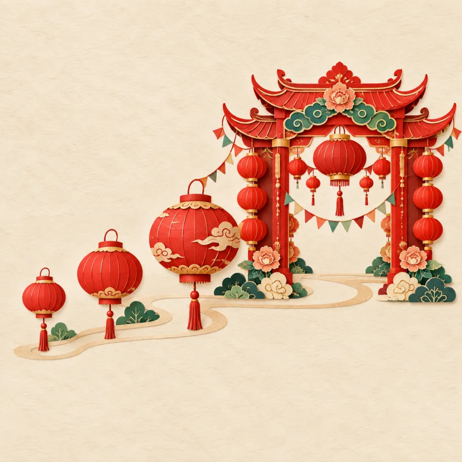 A small lantern grows along a path into a grand festival arch