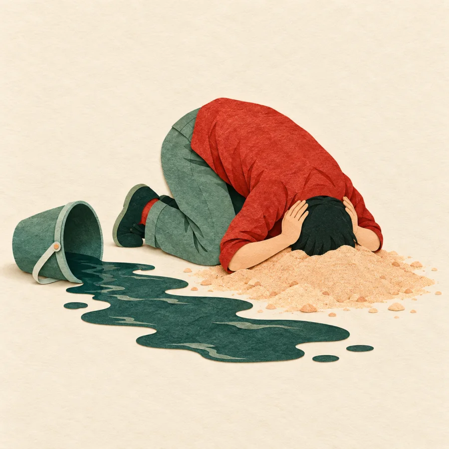 A person buries their head in sand, ignoring a spreading ink-green puddle