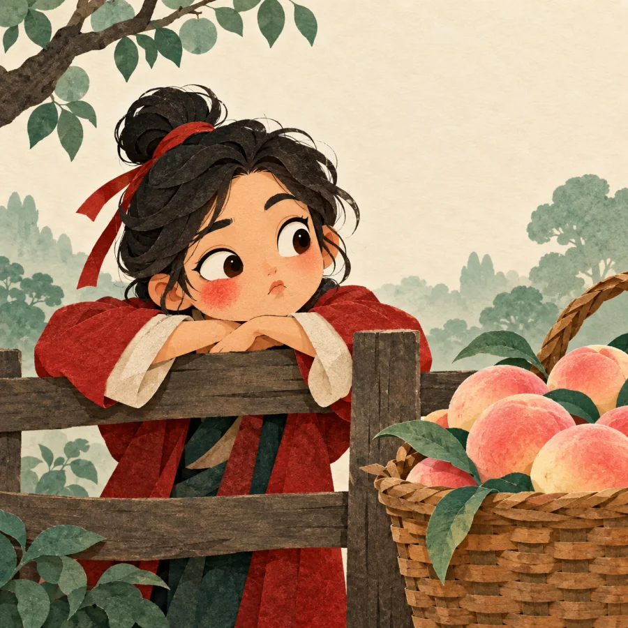 A person leans on a fence, gazing jealously at a neighbor's overflowing peach basket