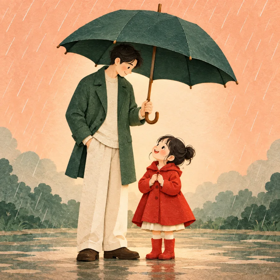 A tall figure holds a broad umbrella sheltering a child from slanting rain