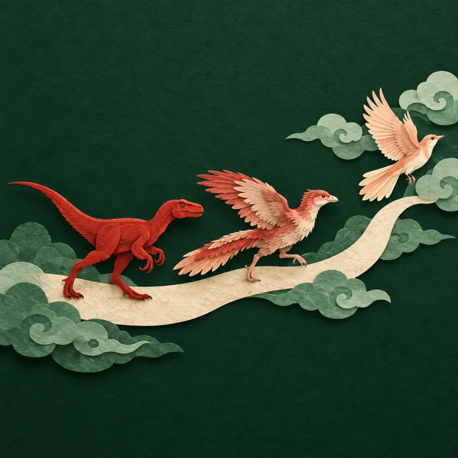 A red dinosaur silhouette gradually turns into a bird
