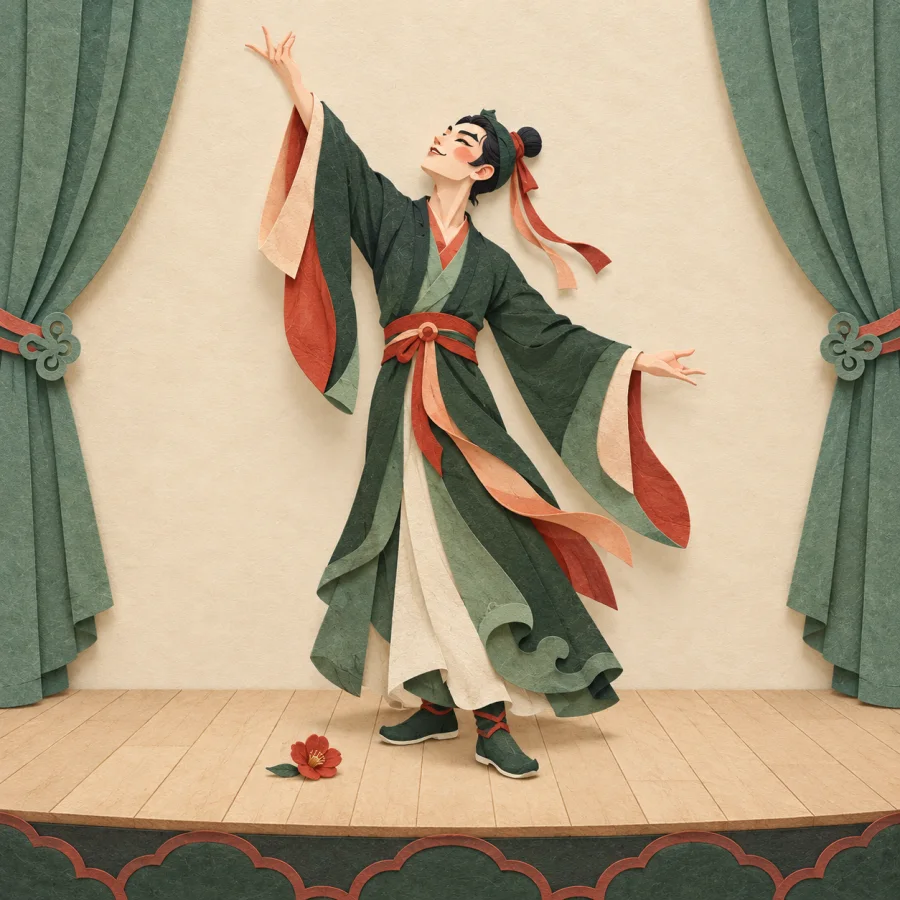 An actor performs an expressive scene on a stage