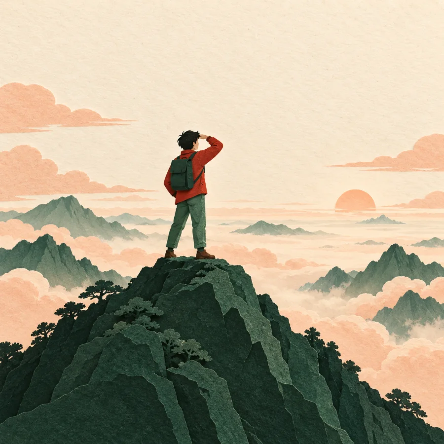 A person on a mountain top gazes at a wide horizon