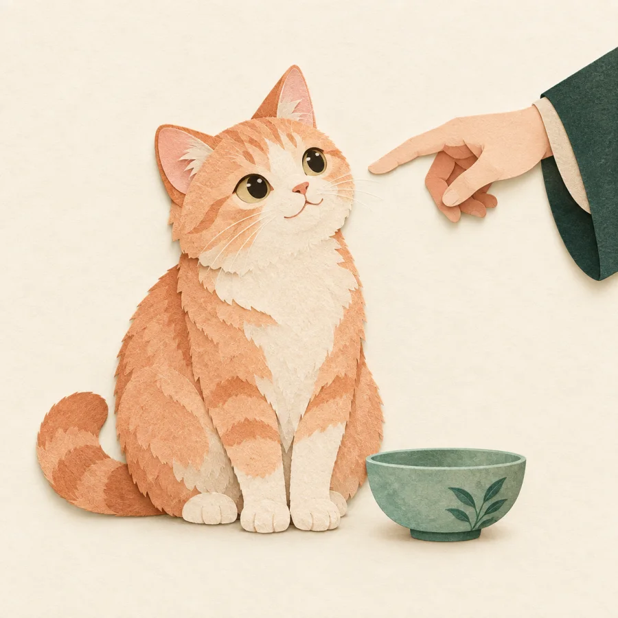 Un gato junto a un cuenco
