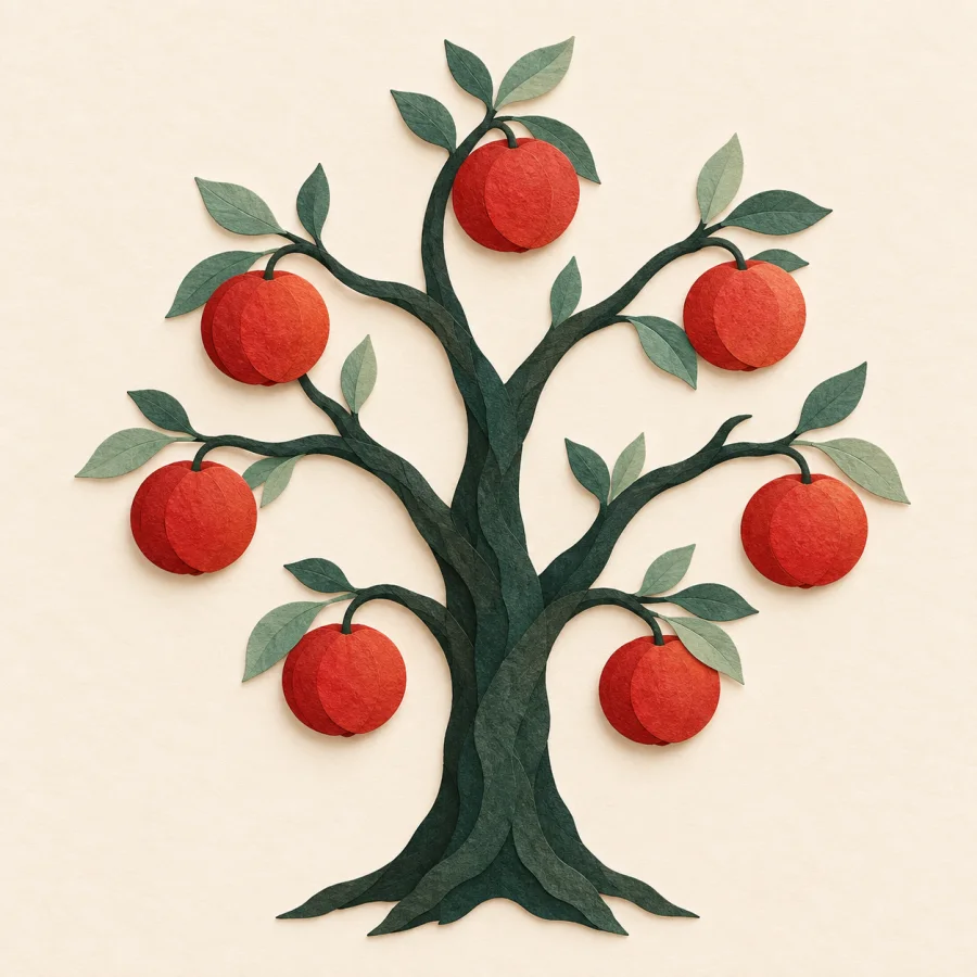 New branches with red fruits grow from a green tree trunk