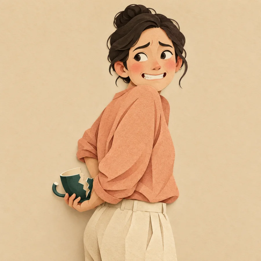 A smiling person hiding a broken cup behind their back