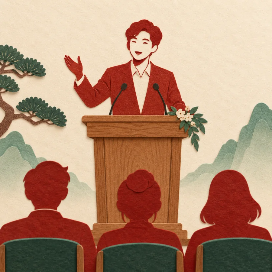 A person speaks from a podium to a seated audience
