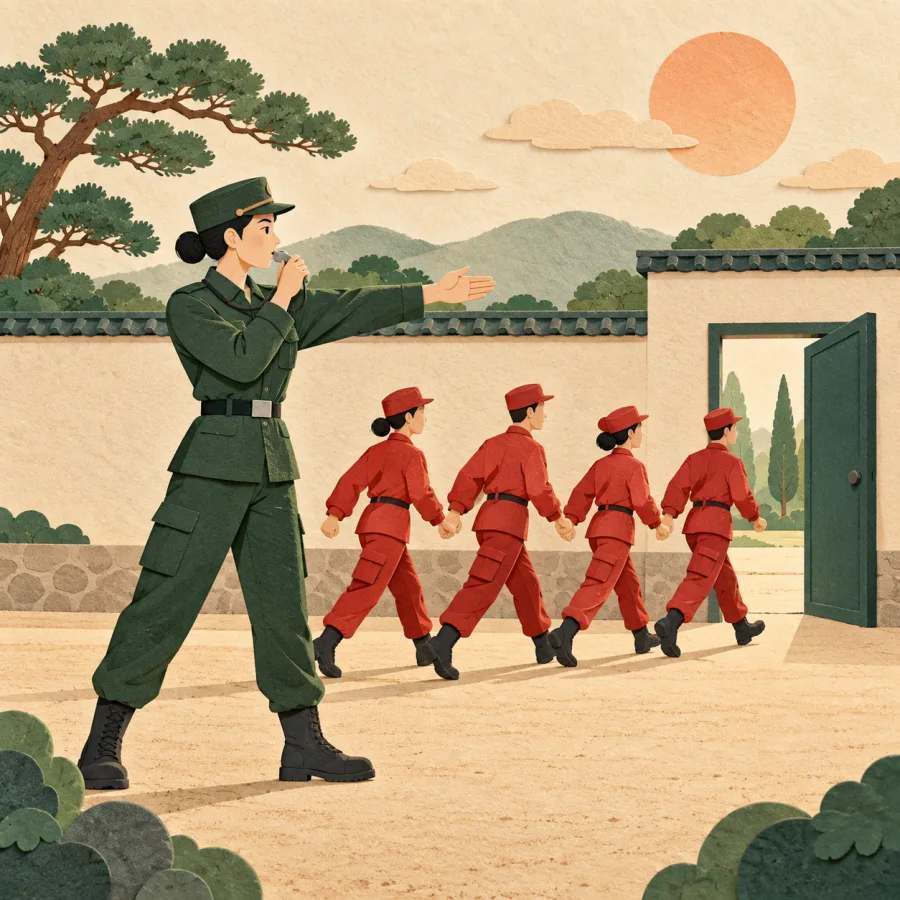 A team in red uniforms lines up and walks toward a green exit during a drill
