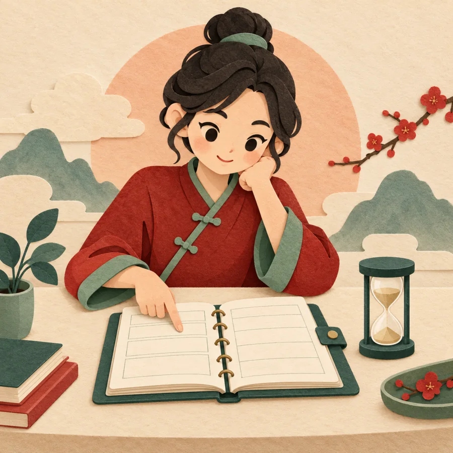 A person at a desk points at an open day-planner beside a small hourglass