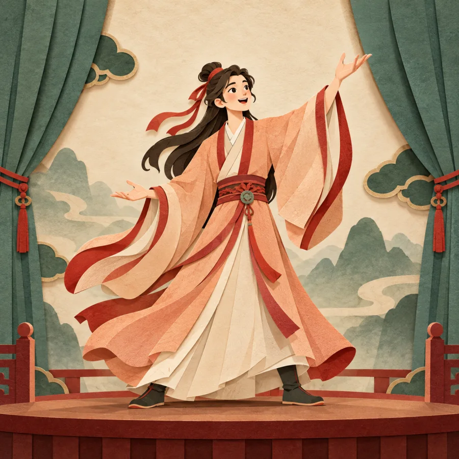 An actor in a peach robe gestures dramatically on a stage with jade curtains