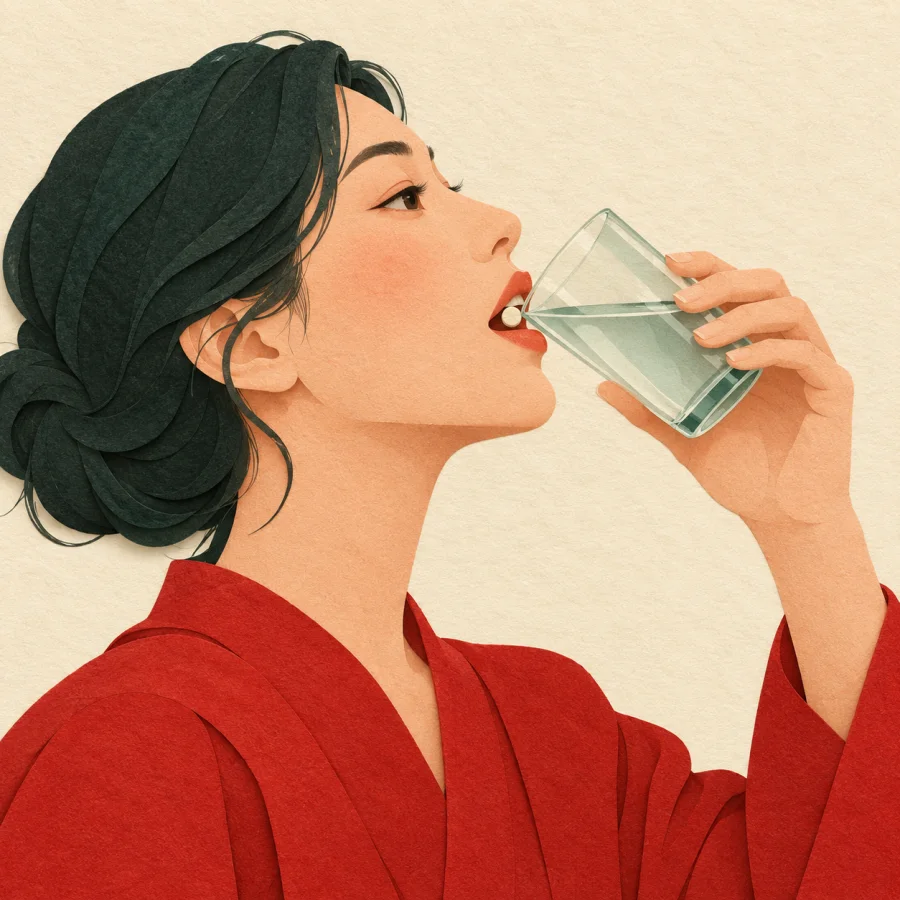 A person tilting their head back to swallow a pill with water